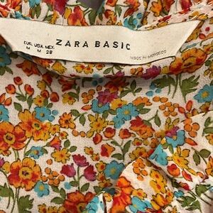 Zara Floral Smocked Blouse - Cream, Coral & Teal; size M
